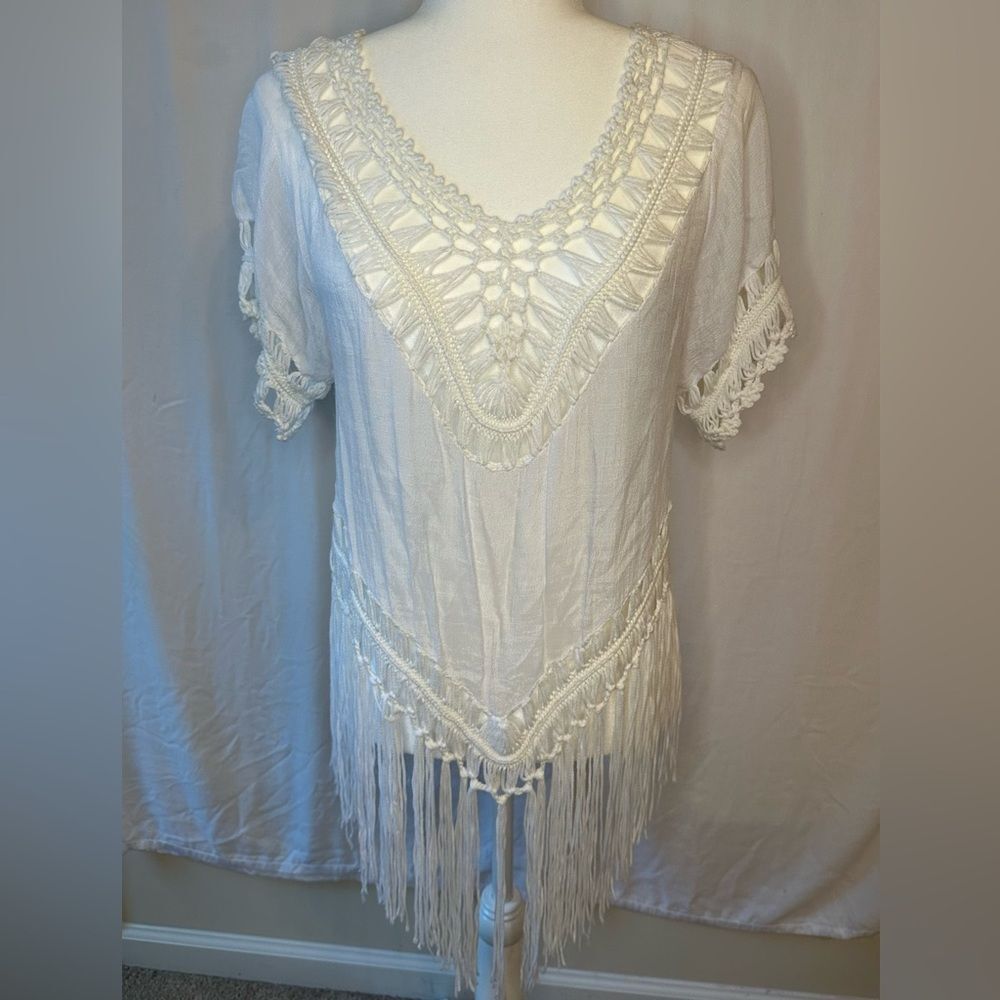 vivid importers of ny Top Coverup Sz Small Crocheted Fringe White #621